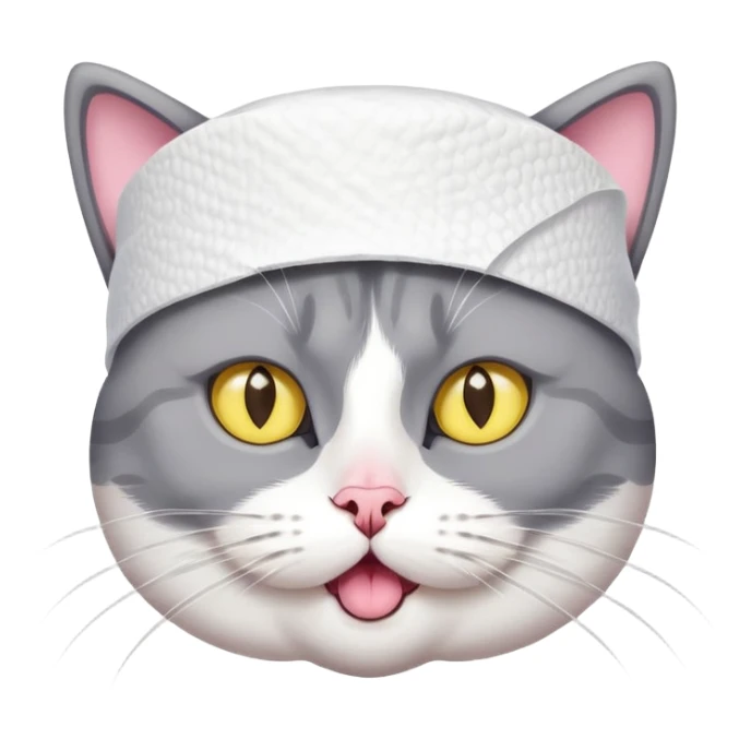 A gray and white cat with wide, surprised-looking yellow eyes. It appears to have a piece of toilet paper or paper towel on top of its head like a hat. sticker