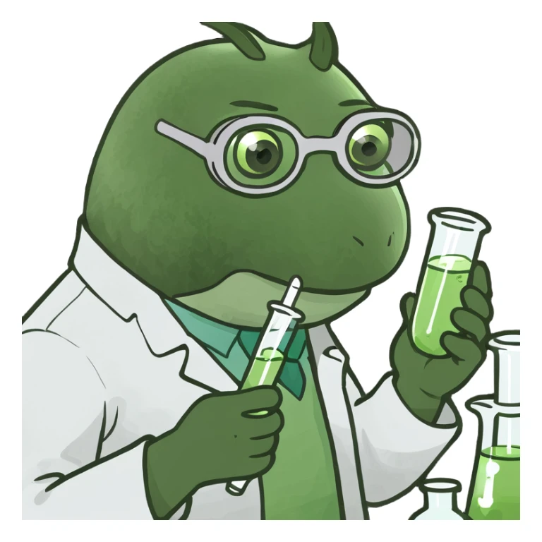 chemist in lab coat with chemical goggles holding a test tube, background with a board of chemical elements, bufo frog meme style, no text sticker