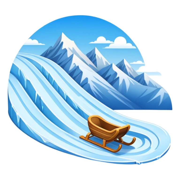 An icon showing a small sled down an icy track. The scene includes dynamic motion lines, icy curves, and a snowy mountain backdrop under a crisp blue sky. Transparent background emphasizes the speed and intensity of the sport. sticker