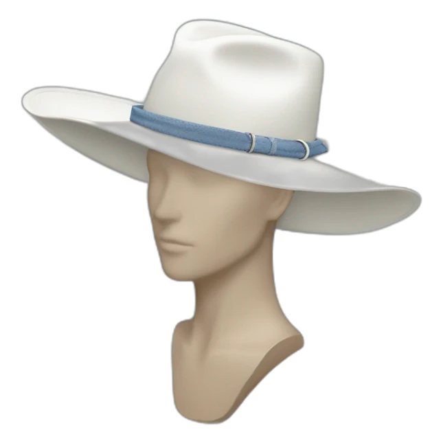 White wide brim hat with denim and bolo band and silver pin sticker