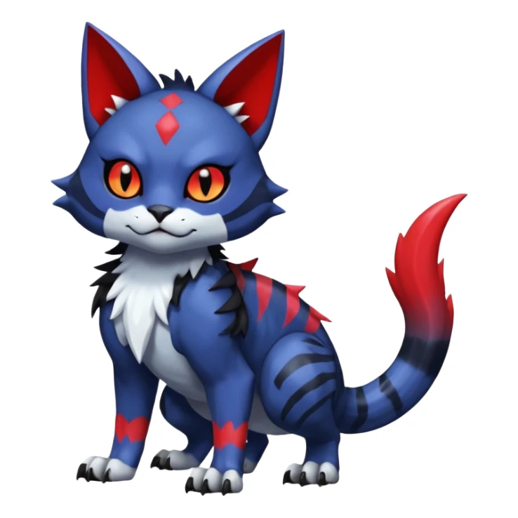 Shiny colorful exotic midnight blue-gray-black, with red markings, white belly, scaley scaly batty feline-like quadrupedal digitigrade furry feral Bastet-Noibat-Gatomon-Garchomp-Digimon-Fakémon-Pokémon-creature (full body) sticker