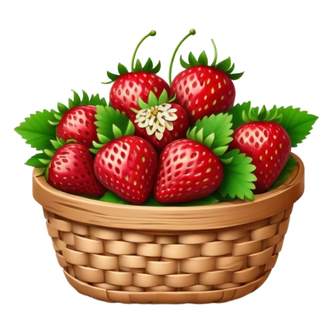 Cinematic ripe strawberrie, deep red, glossy with tiny seeds, green leaves still attached, gathered in a rustic basket, warm glowing background, fresh and sweet. sticker