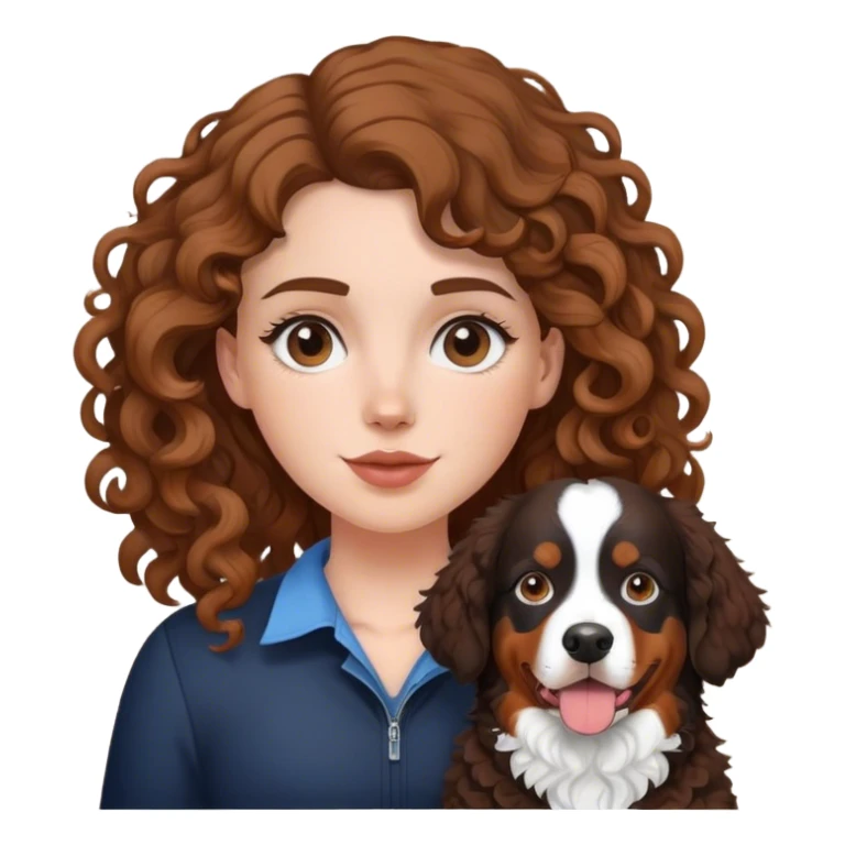 white girl with curly brown hair with a Bernese mountain dog sticker