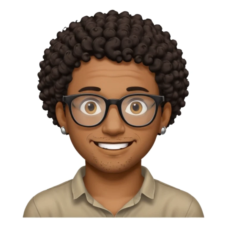 Black man smiling, short curly dark brown hair, black glasses, small tattoo on neck, artist, adventurous and exploration vibe sticker