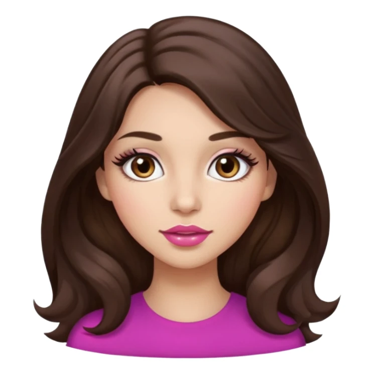 girl with wavy long dark brown hair, brown eyes, light to medium complexion, long lashes, almond shaped eyes, link lipstick sticker