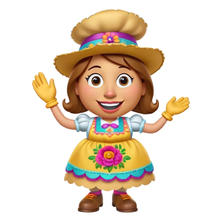 Create a 3D Pixar-style Mrs. Potato Head character with a rounded, slightly uneven shape, expressive eyes, a wide smile, and cartoonish limbs, dressed in a colorful apron with intricate embroidery, a vibrant hat adorned with a feather sticker