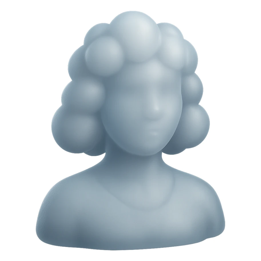 person looking straight, composed entirely of white fluffy convex clouds, shoulder length, matte glass style, no background, clouds more rounded sticker