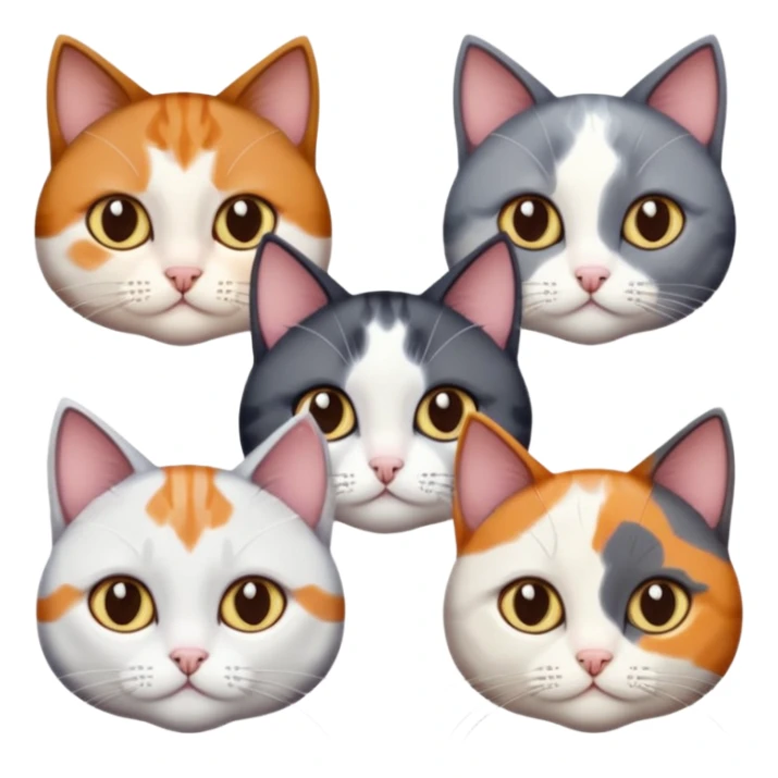 4 different coloured short haired cats including; a dark brown and white cat, and a dark grey and white, and a calico sticker
