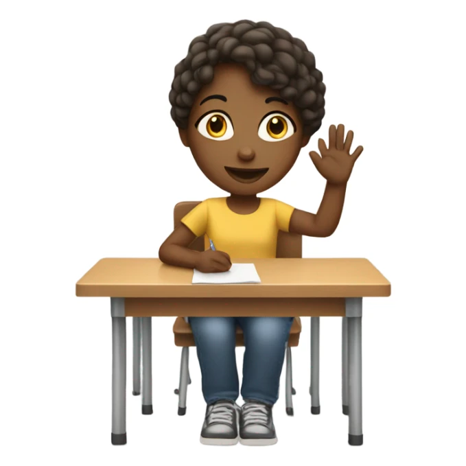 A girl with a raised hand at a desk at school  sticker