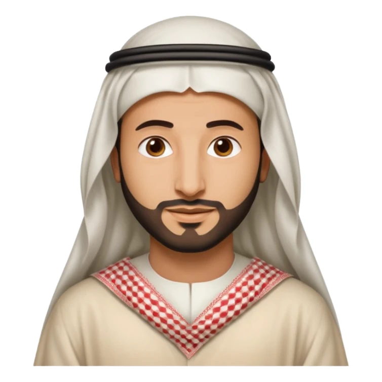Emoji-style (Apple iPhone) illustration of Crown Prince Mohammed bin Salman, round and soft facial features, friendly and expressive, wearing a white thobe and red-and-white checkered shemagh, clean vector, minimal shading sticker