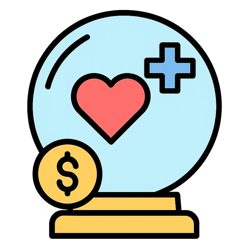 crystal ball icon representing best quality and most affordable healthcare, clean and modern style, simple lines, healthcare symbols like heart or cross inside the crystal ball, color accents for clarity sticker