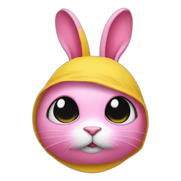 rabbit pink hiding eyes, wears teeshirt yellow sticker