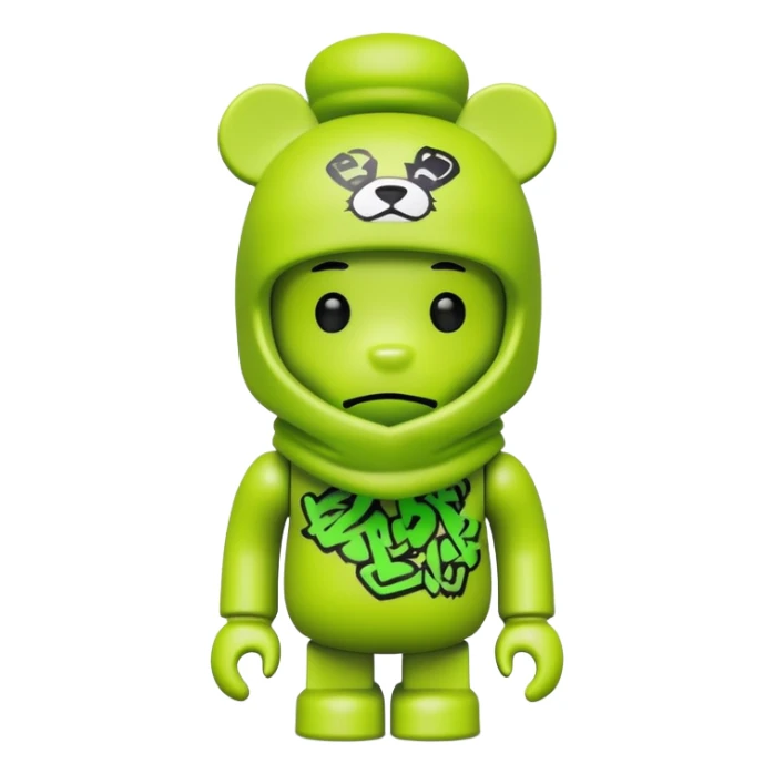 bearbrick toy wearing a lime green balaclava with graffiti style artwork sticker