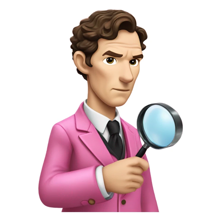 Benedict Cumberbatch-like Sherlock Holmes all in all intensive pink suit holding magnifying glass, upper body sticker