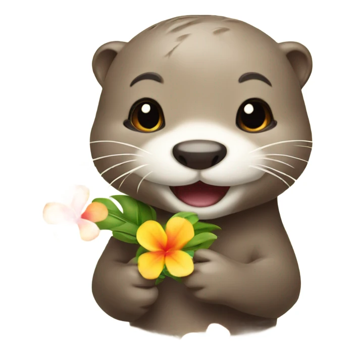 A happy and cute otter face holding a Hawaiian flower sticker