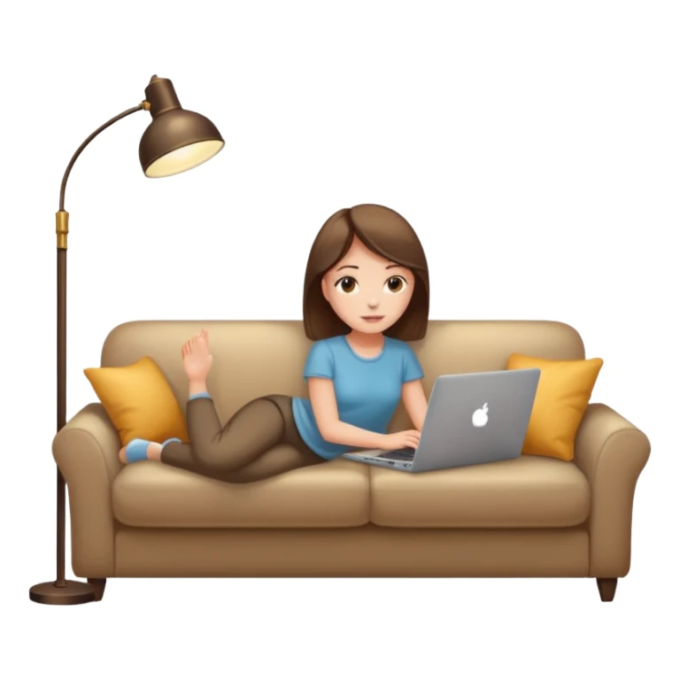 A girl is working with a laptop while lying on a sofa, with a floor lamp to the right. sticker