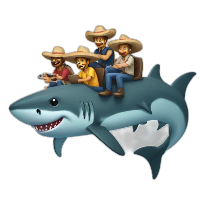 5 web developers wearing sombreros sitting riding on a shark sticker