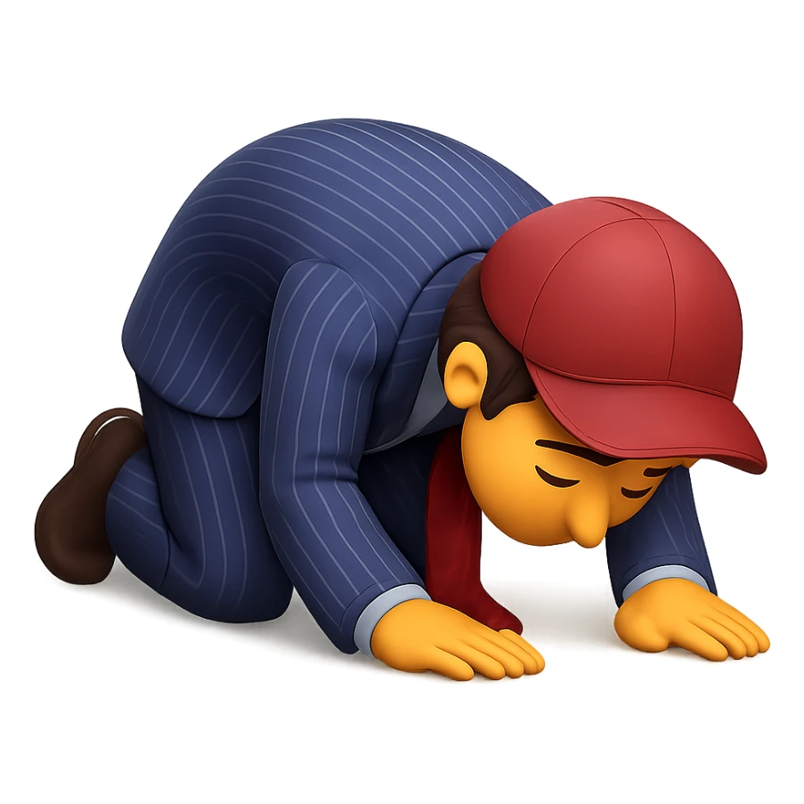 Transform the man in the reference image into an emoji-style character kneeling down and bowing deeply to the ground with arms and forehead touching the floor, expressing apology or deep respect. The style should be about 70% realistic but still clear, bold, and expressive like standard emojis, capturing the emotion vividly. sticker