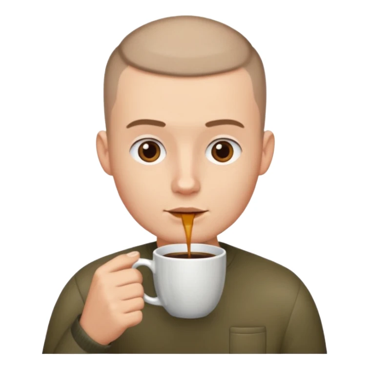 a white short guy with a buzz cut drinking a cup of coffee sticker