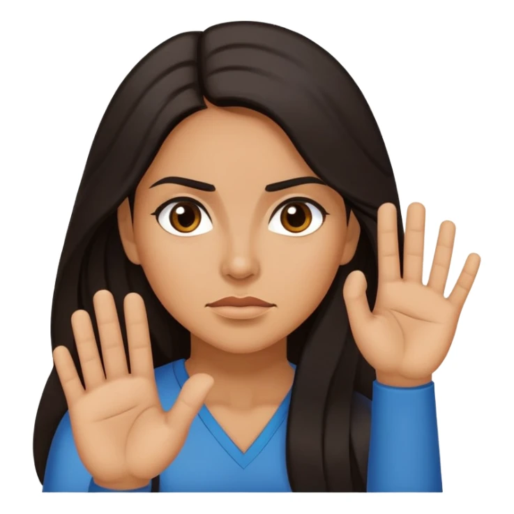 Hispanic woman with long hair, determined, hand out saying “no” sticker