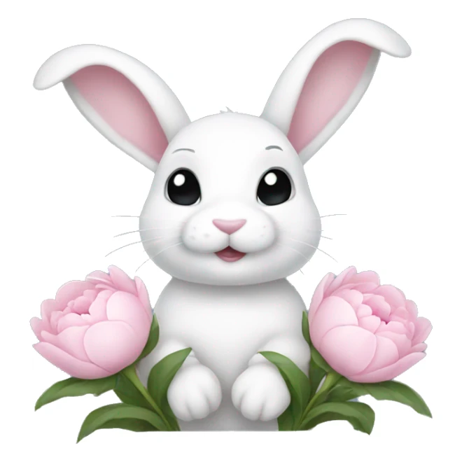 cute white bunny holding light pink peonies sticker