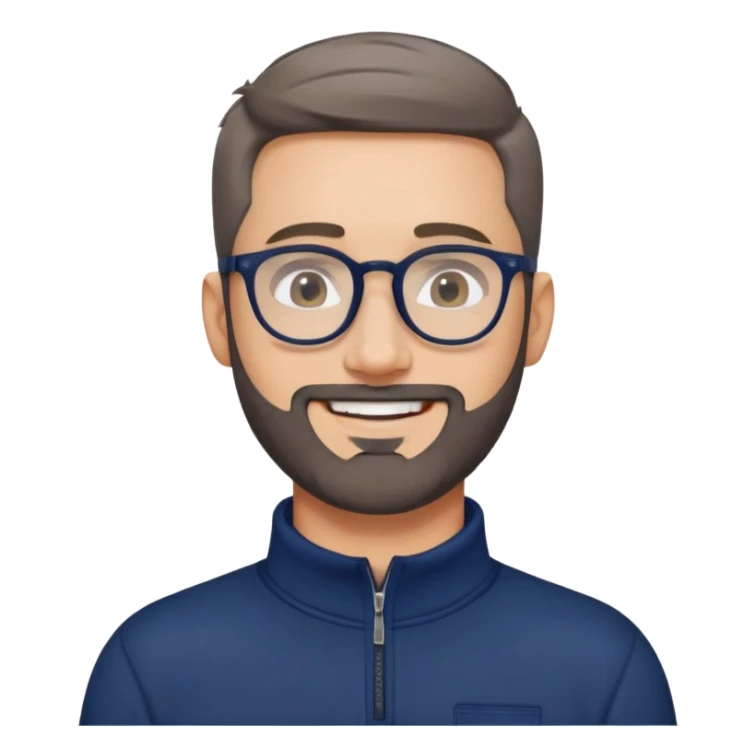 Fair-skinned broader man with oval face, very tight haircut (almost shaved on top, faded sides), short salt and pepper beard, big black-rimmed glasses, friendly smile, navy blue quarter-zip sweatshirt with long sleeves sticker