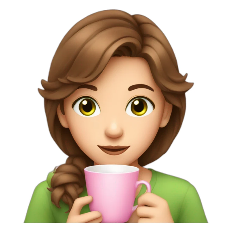 kid with brown hair and green eyes drinking tea from a pink cup sticker