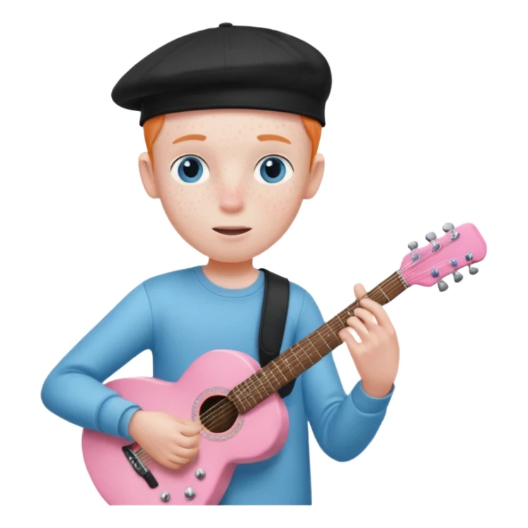 Pale man with light freckles and blue eyes wearing black cap playing a shell pink guitar sticker