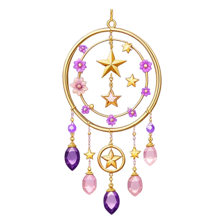 Epic Hanging gold suncatcher, threads with shiny sparkly amethyst and rose-quartz gemstones, flowers, moons, stars, gradient colors, pastel, vibrant colors sticker
