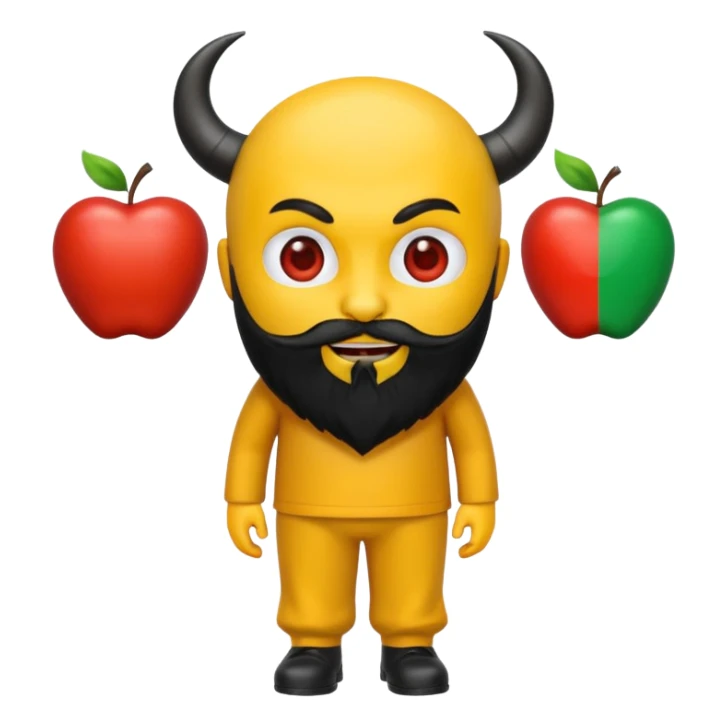 3D yellow heart emoji, devil face, full black beard, black horns and tail. Top: Italian flag. Bottom: Cornish flag trousers. Apple style, glossy, white background. sticker