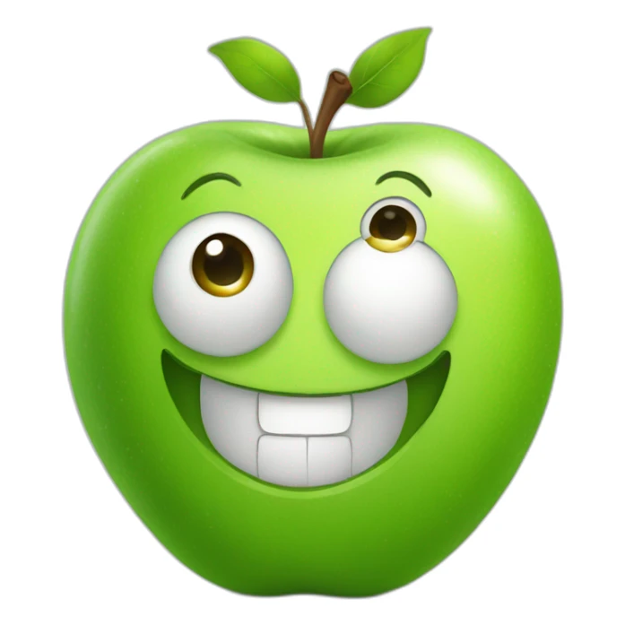 a green apple with big eyes and smile sticker