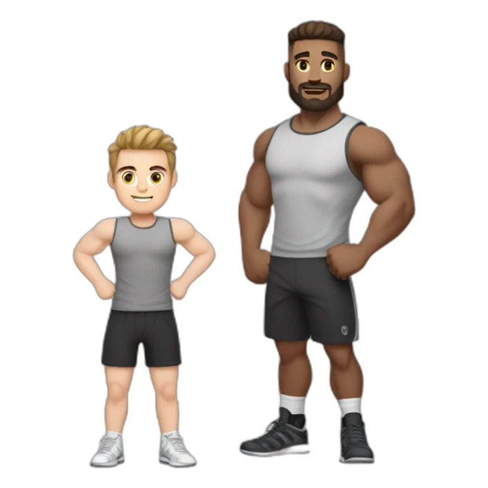 Full height Actively gesturing with hands Pale skinned Fit Man With the biceps and brown hair with Bristle in dark gray Sleeveless Mike, black oversize sports shorts and white Sneakers sticker