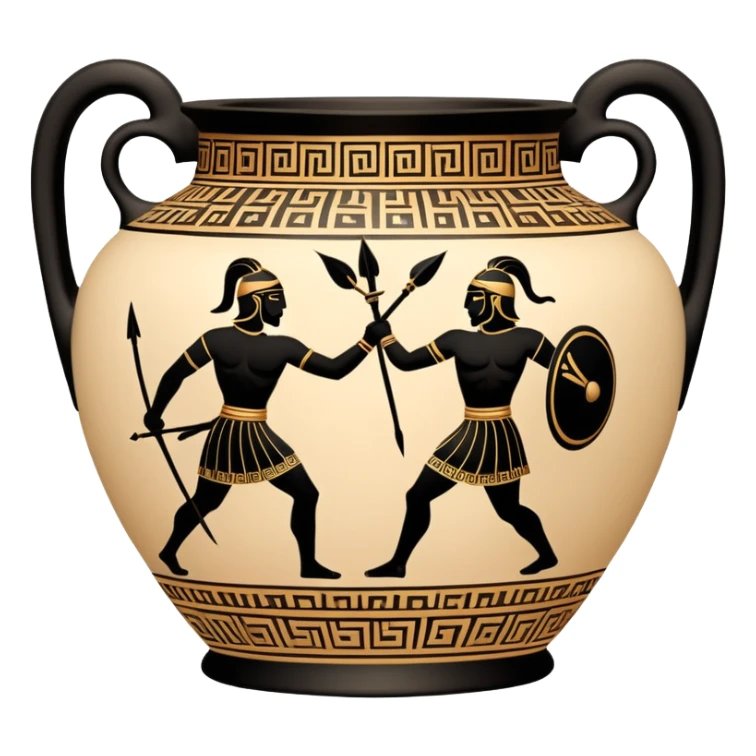 Cinematic-realistic Grecian urn, an exquisite black-figure pottery masterpiece resting in the dim glow of an ancient temple. Intricate golden depictions of two warrior fighting with spears and warriors encircle its curved form, telling timeless myths of heroism and tragedy.  sticker