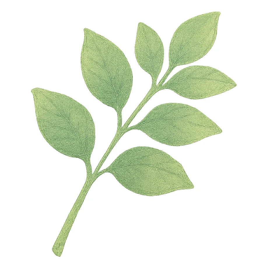 a simple leafy green branch, Japanese hand-drawn pastel style, full object, transparent background sticker