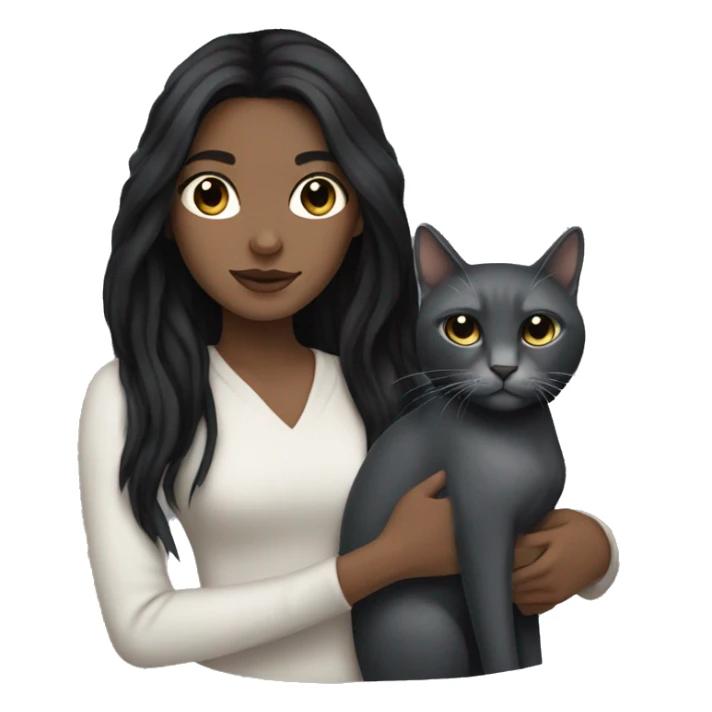 White girl with long black hair and black eyes holding a grey cat sticker