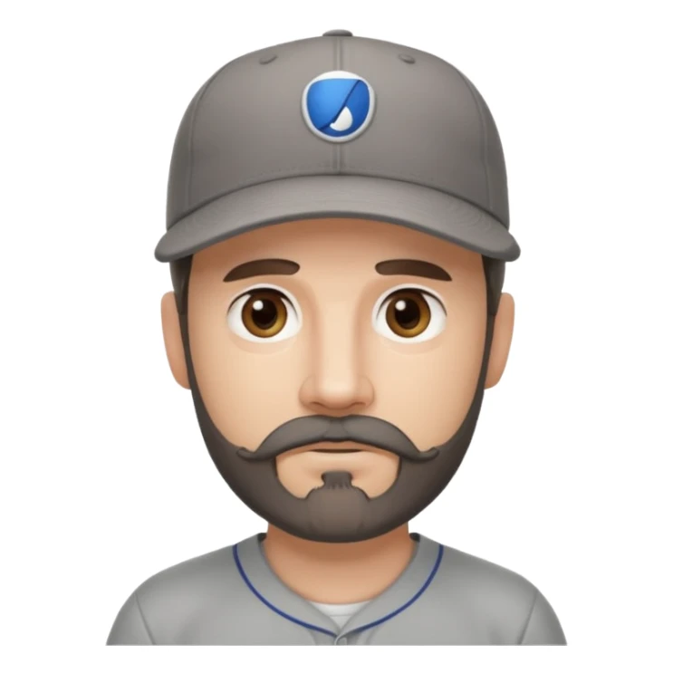 white male with dark brown goatee beard and moustache with grey tones wearing a grey baseball cap back to front with hazel eyes sticker