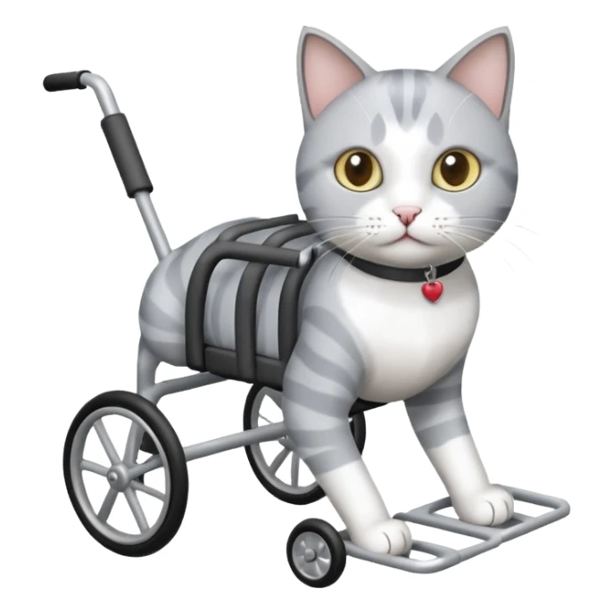 grey and white cat in a cat walking wheelchair sticker