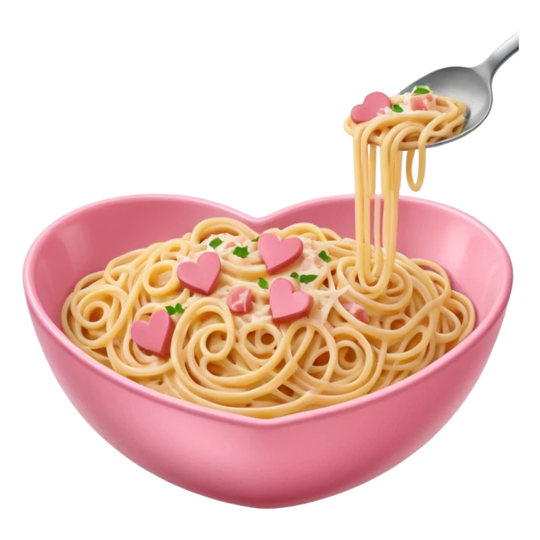 Spaghetti carbonara, in a pink bowl, the bowl should be heartshaped sticker