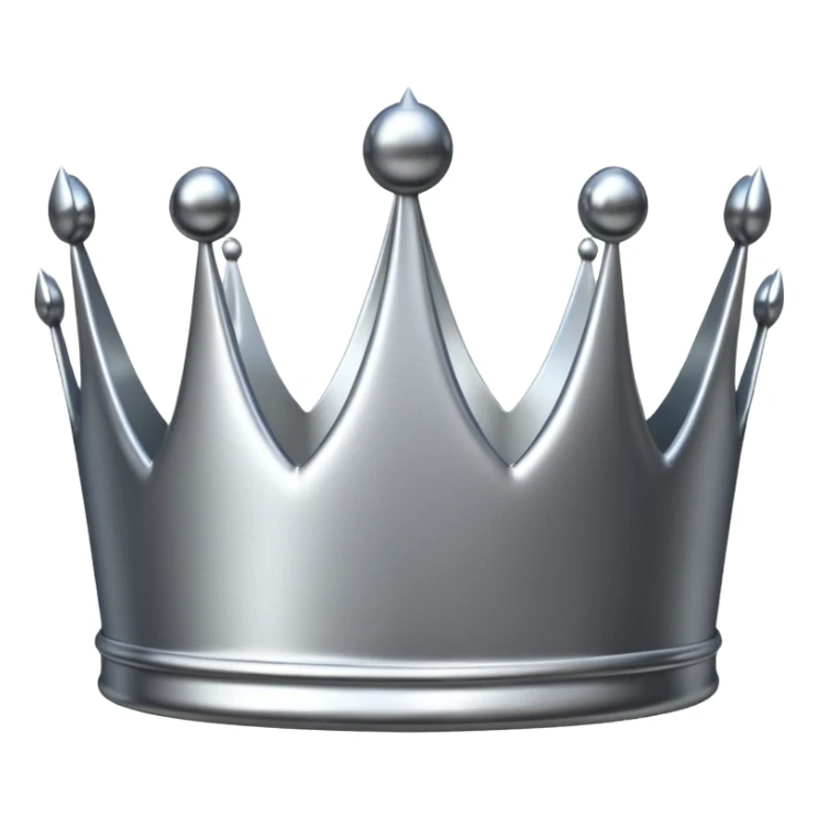 A luxury silver crown emoji, chrome metallic finish, smooth rounded edges, subtle sparkle, polished reflective surface, cute proportions, iOS emoji style, centered on a clean white background, soft studio lighting, no outlines sticker