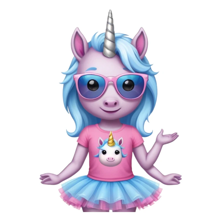 head and shoulders portrait of a friendly anthropomorphised female unicorn in tutu and pink t-shirt, wearing dark sunglasses, blue and silver color scheme sticker