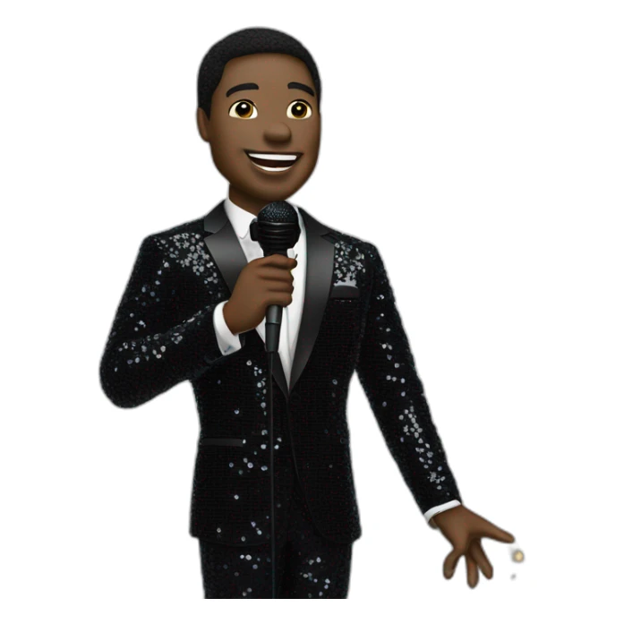 sam richardson in a black sequin suit holding a microphone singing (portrait,-front-facing,-apple-ios-17-style) sticker
