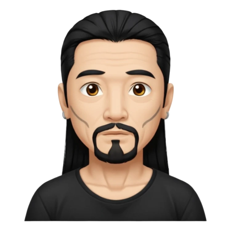 Older Spanish male. Asian eyes. Long, Angular eyebrows. Chin strap goatee.
Untucked, loose fitting black t-shirt. 
long black hair.
Even More tattoos. 
Peaceful sticker