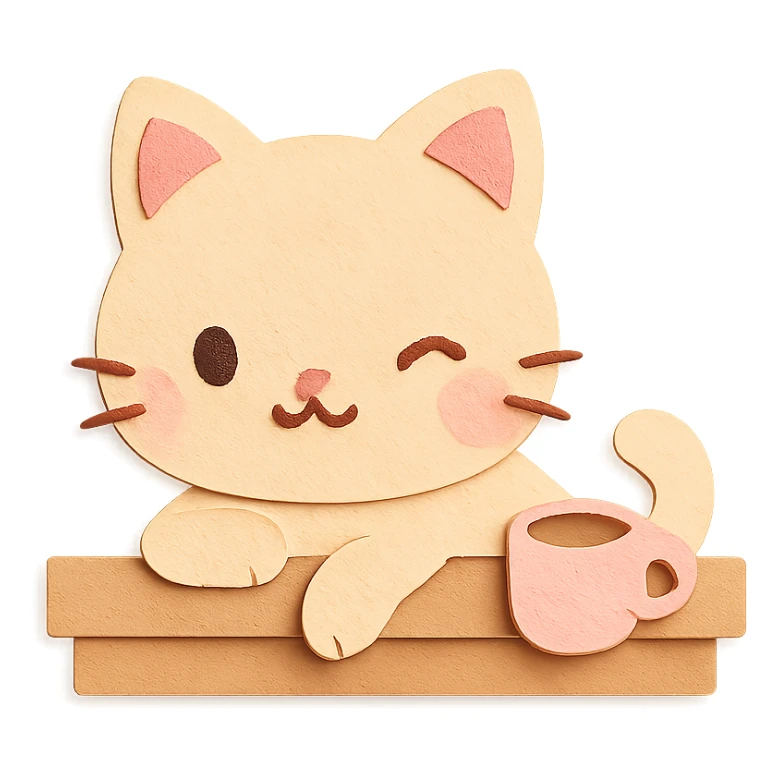 chibi café cat laying on coffee counter, winking, soft pastel kawaii style sticker