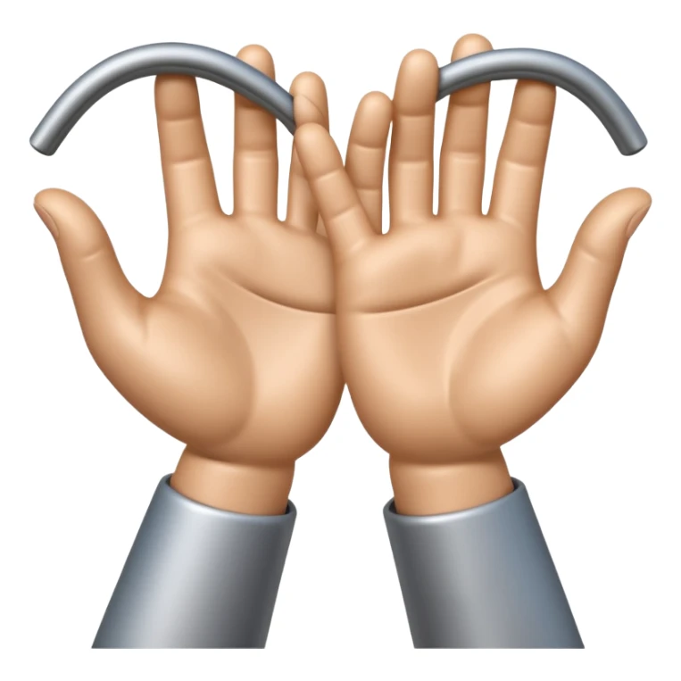 Apple-style 3D emoji of two cartoon hands tightly gripping and bending a solid metal rod, showing visible strain and tension lines around the bend, with dynamic motion curves to emphasize the effort, realistic lighting and smooth Apple emoji texture, no background. sticker