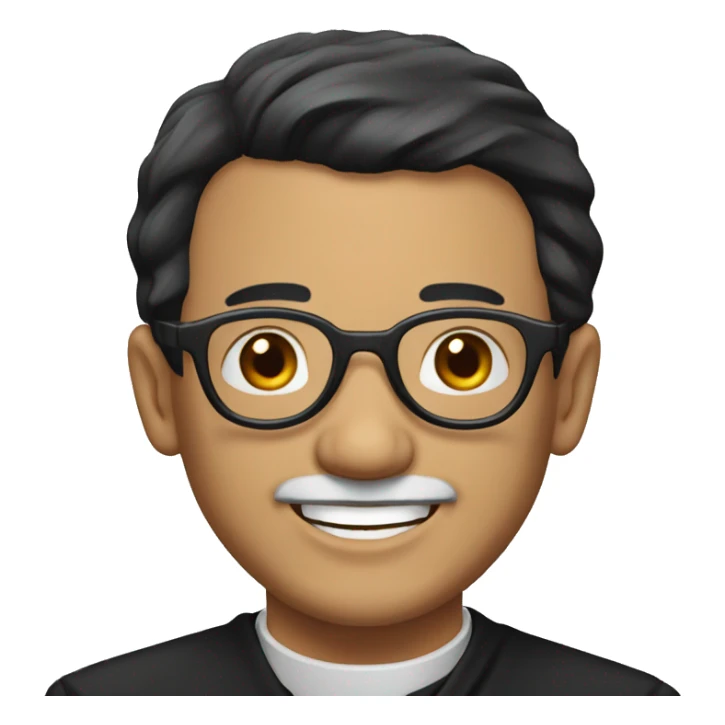 old catholic priest with black hair, smiling with teeth and glasses sticker