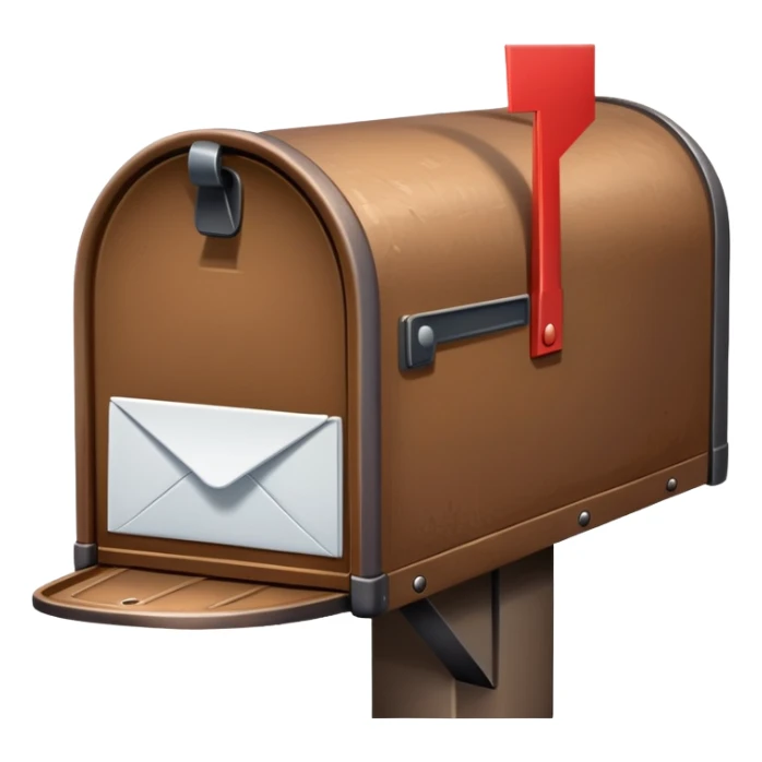 A brown mailbox next to a white letter sticker