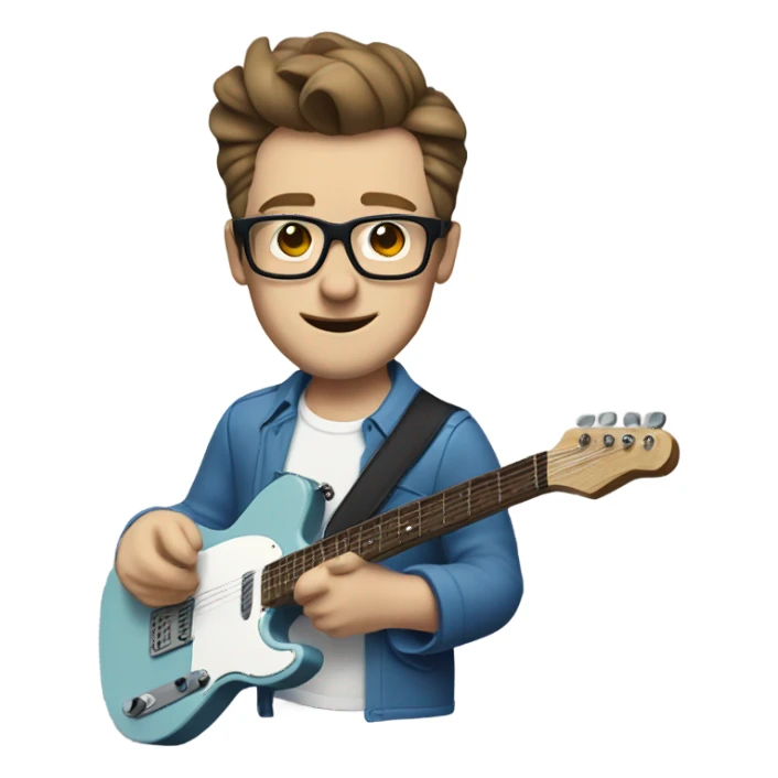 A nerdy white guy with glasses with short brown hair with a small quiff playing a blue classic telescaster sticker