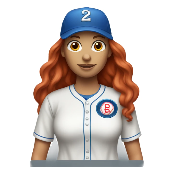 front facing standing up female coach with long red hair, wearing a white t-shirt and a simple baseball blue hat sticker