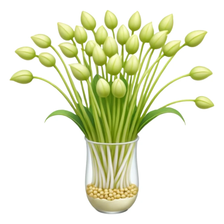 soybean sprouts, small cluster, fresh, pale white stems, light yellow-green tips, long crisp shape, slightly translucent, gentle curves, loose arrangement, no bowl, garnish, or water, soft lighting, emoji scale sticker