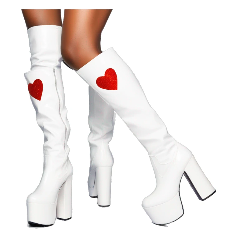 glittery white platform knee high gogo boots with heart cutout sticker